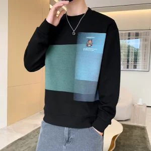 Autumn Casual Cotton Blend Long Sleeve Hoodie Men’s Crew Neck Base Shirt with Pocket