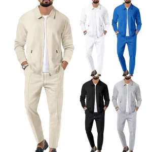 Autumn High Quality Casual Slim Fit Shirt Zipper Jacket Pants Two Piece Set Pockets Breathable Fitness Sportswear Men’s Suits