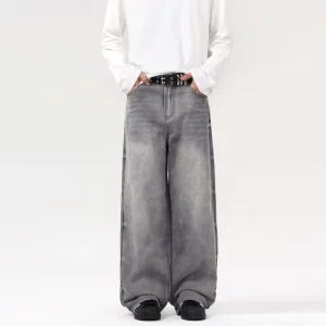 Autumn New American Retro Y2K Grey Wide Leg Jeans for Men High Street Style Loose Straight Trendy Brand Casual Denim Pants OEM