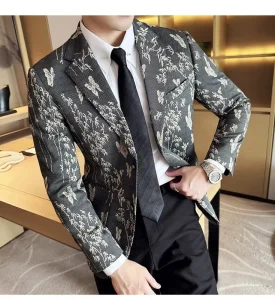 Autumn Outfits Patterned Blazer Men’s Business Casual Textured Grey Suit Jacket Formal Banquet Suits