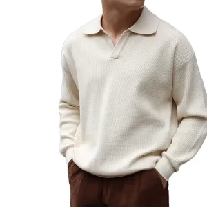 Autumn Retro Mature Style Men’s Regular Sleeve Pullover Sweater Standard Knitwear V Neck Anti Pilling Front Logo Knitted