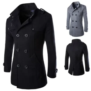 Autumn Solid Color Hoodless Collar Men’s Medium Long Coat Fashion Casual Double-breasted