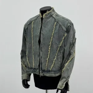 Autumn Vintage Washed Frayed Stand Collar Crop Men’s Denim Jacket