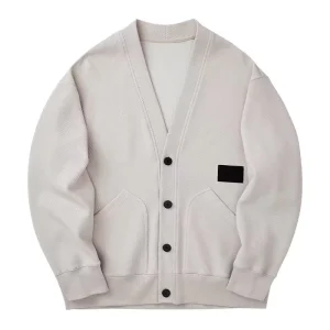 Autumn Winter Embroidery White Knitwear Men’s Solid Color Long Sleeve V Neck Knitted Cardigan Sweater