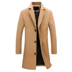 Autumn Winter Fashion Turn-down Collar Solid Color Overcoat Simple Button Casual Men Coat Long Length Woolen Casual Coat