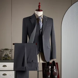 Autumn Winter High End Men’s Business Casual Suit Single-Breasted Jacket Zipper Fly Flat Front Worsted for Groom’s Wedding Dress