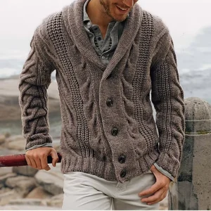 Autumn Winter Knitted Anti-Pilling Wool Nylon Letter Print 240g Pullover Cardigan Men’s Lapel Long Sleeve Sweater Coat