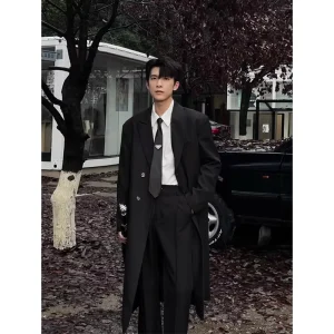 Autumn Winter Men Long Trench Coat Korean Style Black Windbreaker Double-breasted Casual Blazer