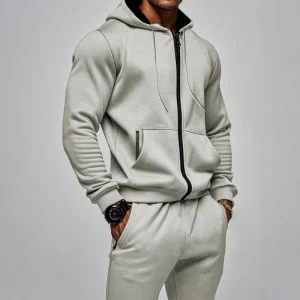 Autumn Winter Men’s Casual Sports Jacket Long-Sleeved Hooded Warm Stylish Velvet Waterproof Zipper Breathable Solid Pattern Set