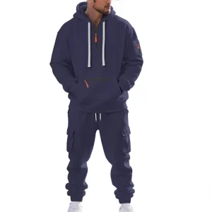Autumn Winter Men’s Casual Sports Sweatshirt Set Knitted Half-Zip Pullover Multiple Pockets Coordinating Hoodies