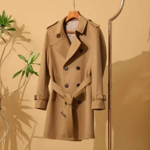 Autumn Winter Men’s Custom Overcoat Solid Color Trench Coat with Double-Breasted Closure Wool Shell Woven Decoration Buttons