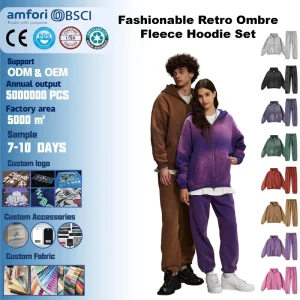 Autumn Winter Men’s Hooded Loose Fleece Zipper Hoodie Set, Washed Acid Washed Retro Fashion Sports Set