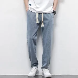 Autumn Winter Men’s Jeans Cotton Soft Drawstring Straight Pants Elastic Waist Vintage Korea Casual Trousers Male Plus Size S 5XL