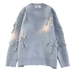 Autumn Winter Men’s Neck Pullover Sweater Knitwear High Street American Retro Japanese Style Ripped Knitwear Sweater