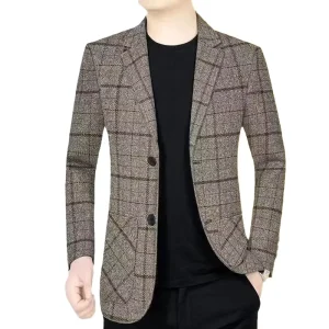 Autumn Winter Men’s Single Breasted Woolen Windproof Business Casual Suit Jacket with Checkered Pattern