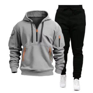 Autumn Winter Men’s Sporty Woven Fleece Thermal Multi pocket Zipper Hoodie and Sweatpants Set