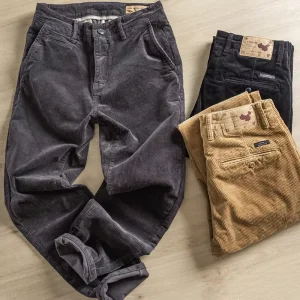 Autumn Winter Men’s Trendy Slim Fit Straight Corduroy Pants Mid Waist Flat Front 100% Cotton Anti pilling Warm Stylish Casual