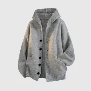 Autumn Winter Trendy Men’s 100% Polyester Cardigan Sweater Jacket Loose Heavy & Lazy Style Casual Hooded Breathable Knitwear Top