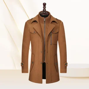 Autumn and Winter Fashion Double Collar Vertical Zipper Standard Men’s Business Long Tweed Coat