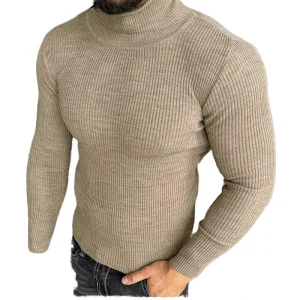 Autumn and Winter Men’s Casual Fashion Sweater Solid Color Turtleneck Stripes Slim Fit Knitted Knitwear for Men