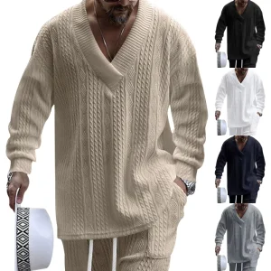 Autumn and Winter New Style Men’s Clothing Jacquard Loose-Fitting Knitted Solid Color Casual V-neck
