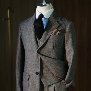 Autumn and Winter New Wool Tweed Fishbone Business Gentleman Casual Clothes Single West Retro British Men’s Slim Suit Blazer