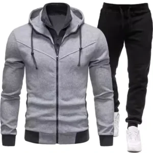 Autumn and Winter Sports Two-Piece Set Men’s Casual Long-Sleeved Hooded Jacket with Spliced Trousers Solid Pattern
