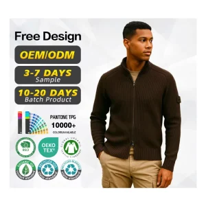 BSCI Certification Sweater Manufacturer Custom Logo Dark Brown Virgin Wool Zip Knitwear Cardigan Sweater Men for Autumn Winter
