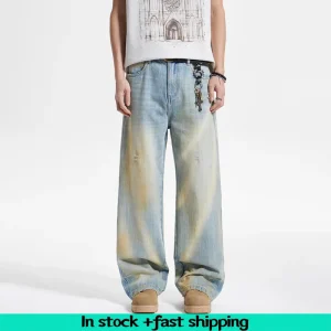 Baggy Jeans Men Denim Washed Distressed High Quality Vintage Style Comfortable Durable Pants
