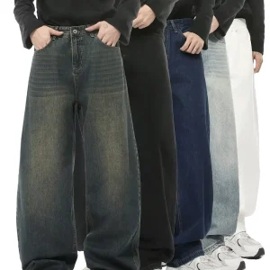 Baggy Jeans Men’s Casual Wide Leg Three-Dimensional Machete Washed Straight Jeans Men Cotton Mid Denim Baggy Jeans for Men