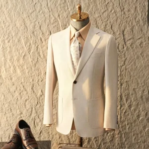Bespoke Tailor-made Men’s Wool Linen Silk Beige Fabric Suit Blazer Summer Casual Breathable Jacket MTM OEM ODM Low MOQ Factory