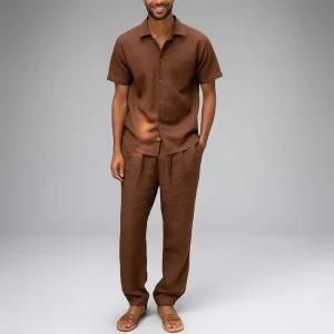 Best Selling Men’s Casual Clothing Set 100% Linen Short Sleeve Shirts Pants High Quality Luxury Solid Knitted Weaving Method