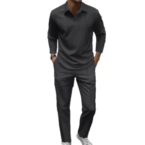 Best Selling Solid Color Breathable Texture Texture Long Sleeved Men’s Polo Shirt Trousers Suit for Spring Summer Wear
