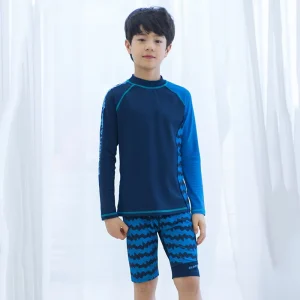 Big Boys’ Quick Dried Swimwear Blue Korean Version Men’s Fat Teens Split Long Sleeve Sunscreen Sports Swimwear With Swim Hat