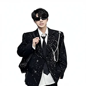 Black Baby’s Breath Single Breasted Beaded Suit Jacket Men’s Shiny Design Casual Shoulder Padded