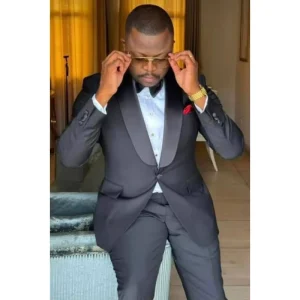 Black Fashion Business Men’s Suit 2 Pieces Black Satin Shawl Lapel Single Breasted Slim Fit Wedding Suit Tuxedo Suit Men’s Dress