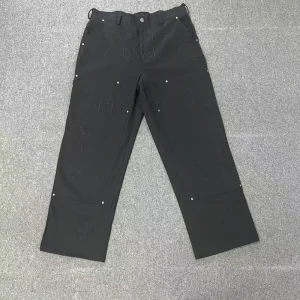 Black Knee Patch Canvas Heavyweight Pants Waistband Straight Slanted Pocket Pants Embroidery Button Men’s Pants