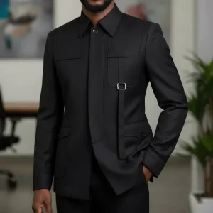Black Men’s Suits Single Breasted Stand Lapel Slim Fit Male Clothing 2 Piece Jacket Pants Full Sets Customized Clothing