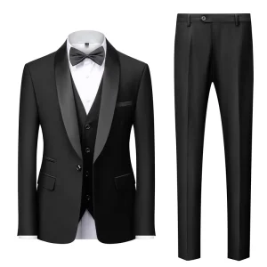 Black Shawl Collar Suits Slim Fit Set for Men Male Business Casual Blazers Coat Vest Pants 3 Pieces Set