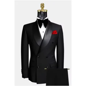 Black Shawl Satin Lapel Double Breasted Men’s Set for Weddings Groomsmen Dances and Dinners Groom’s Jacket and Pants