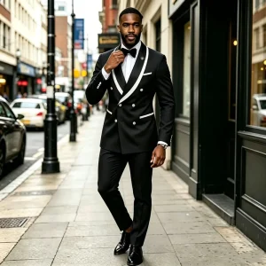 Black White Men’s Slim Fit Business Double Breasted Shawl Lapel Blazer 2 Piece Jacket Pants