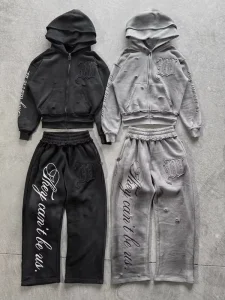Black and Orange Tracksuits Man Wide Leg Jogger Set Cotton Hoodies and Tracksuits Custom with Logo Embroidery Detail