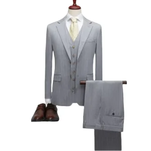 Blazer Classic Gray Stripe 3 Pcs Set Wedding Formal Peaked Lapel Wedding Prom Terno Masculino Men’s Suit
