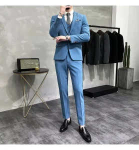 Blazer+Pants Men’s Color High Value Business White Double Breasted Wedding Groom Suit Set Slim Fit Zipper Fly Flat Mandarin