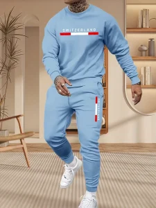 Breathable Casual Men’s Two Piece Printed Hoodie Sweatshirt and Satin Jogger Pants Set