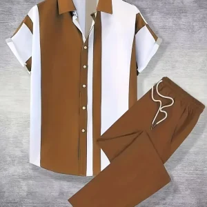 Breathable Fabric Gradient Print Summer Vacation Suit Men’s Short Sleeve Shirt Set