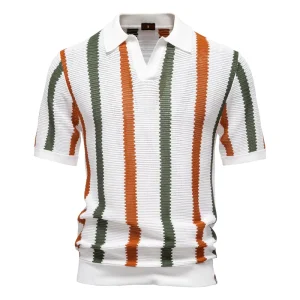 Breathable Hollow Men’s Short sleeved Sweater Striped Knit Polo Shirt Top