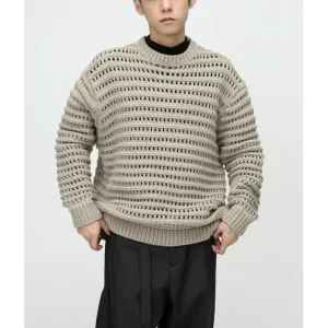 Breathable Men’s Long Sleeve Hollow Out Pullover Knitwear Autumn Crew Neck Polyester Cotton Knitted