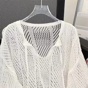 Breathable Mesh Long Sleeve T Shirt Men’s Hollow Out Knit Sweater Casual Loose V Neck Soft Cotton Fashion Knitwear