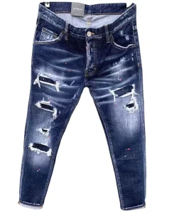 Breathable Mid Waist Men’s Denim Patch Jeans Straight Casual Streetwear Pants with Ripped Style for All Seasons